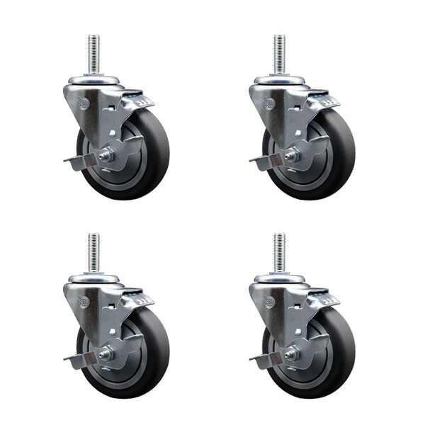 4 Inch Thermoplastic  Rubber Wheel Swivel 34 Inch Threaded Stem Caster Set with Brake SCC